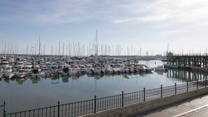 A marina with numerous boats docked, a wooden pier, and a clear sky.
