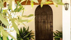 A wooden door with an arched top, flanked by two potted plants, and a wall-mounted light fixture above. - Villa 'Ines' with Private Pool, Wi-Fi and Air Conditioning (Illes Balears)