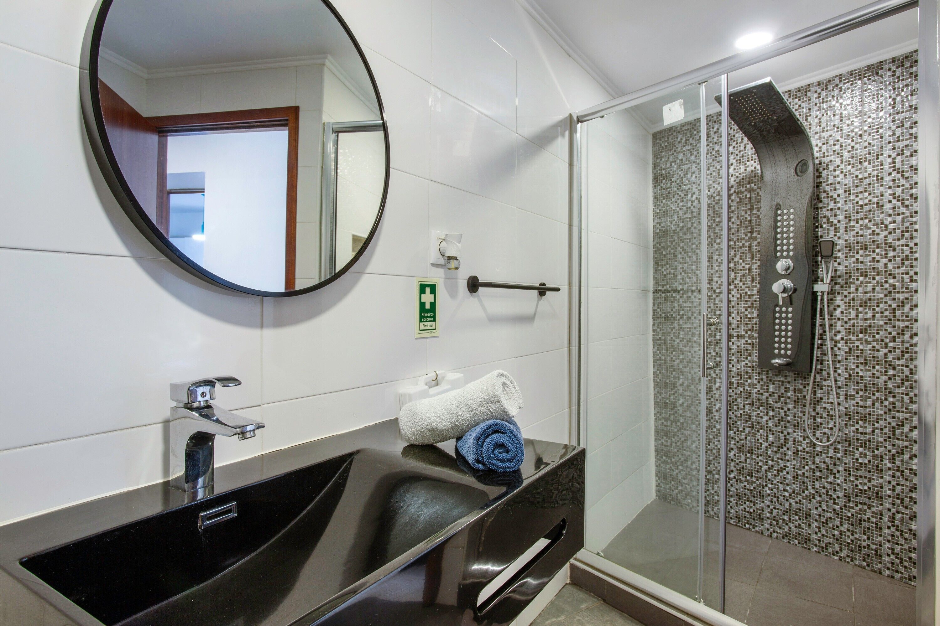 Shower, hair dryer, towels