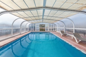 Une serre à structure transparente, dotée d’une piscine et de chaises longues.