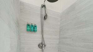 A shower with a handheld showerhead and a wall-mounted faucet. There are two bottles of shampoo and conditioner on the wall. - Heliconia Room Eden On The Sea Carlisle Bay Barbados  (Bridgetown)