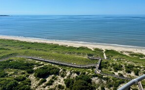 Eine Küstenlandschaft mit sandigem Strand, einer Holzpromenade und dichter, grüner Vegetation.