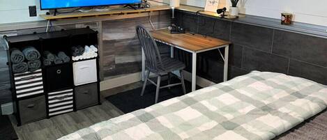 1 bedroom, desk, iron/ironing board, travel cot