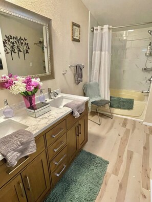 Hair dryer, towels, soap, shampoo