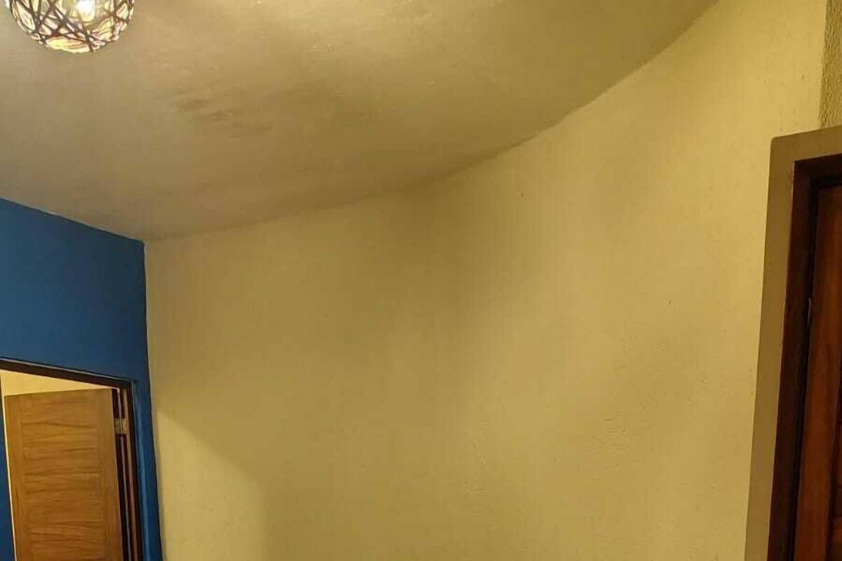 Egy hálószoba, amelyben van egy ágy, egy nagy váza és egy ajtó.