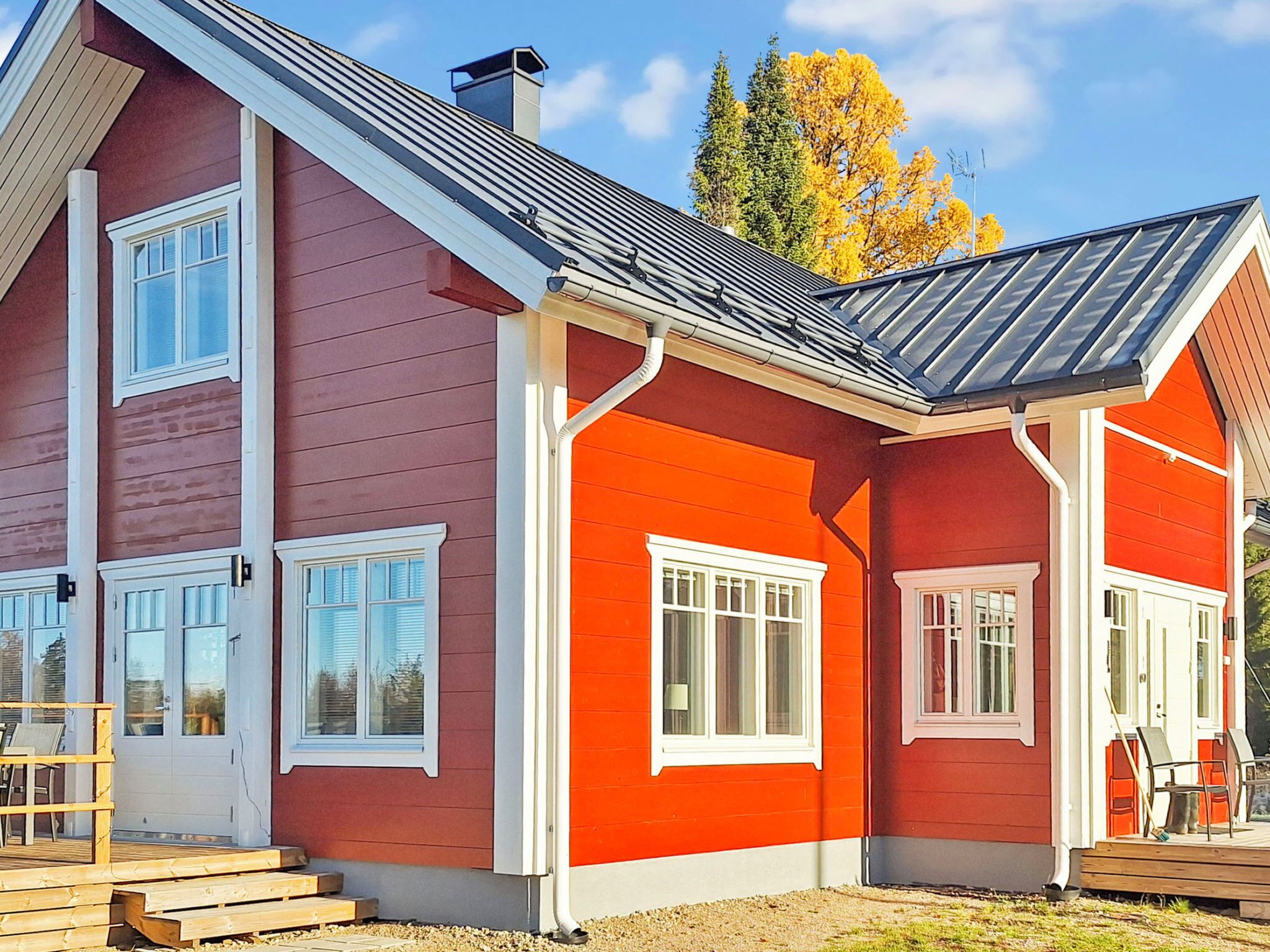Punainen talo, jossa on valkoiset koristeet, kalteva katto ja näkyvissä oleva savupiippu.