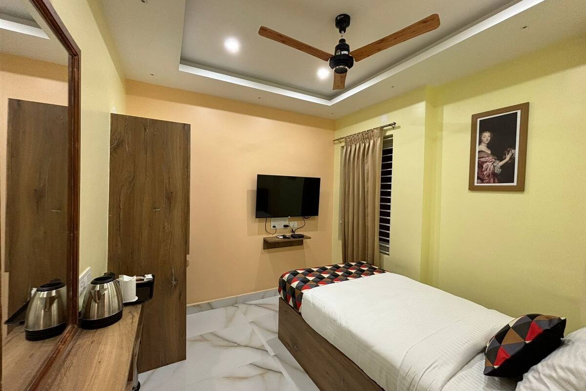 A bedroom with a bed, a television, a ceiling fan, a wooden wardrobe, and a painting on the wall.