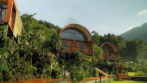 Un edificio moderno con un tetto curvo e un balcone, immerso nel verde e circondato da un prato curato.