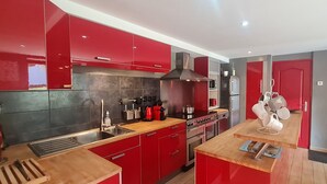 A modern kitchen with red cabinets, stainless steel appliances, and a wooden countertop.