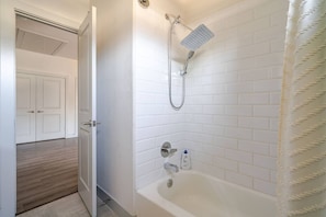Hair dryer, towels, soap, toilet paper