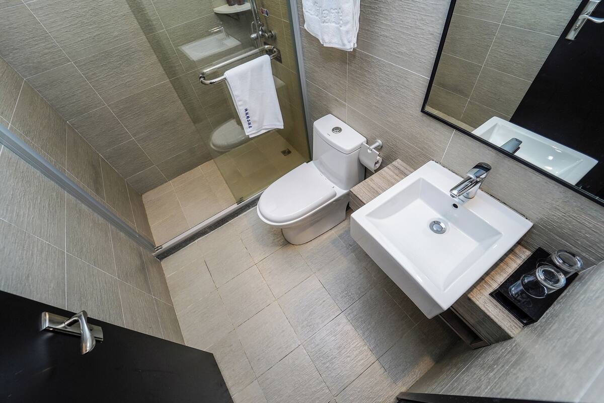 A modern bathroom with a glass-enclosed shower, a toilet, and a sink with a mirror above it.