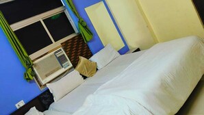 Una habitación con cama, ventana con cortinas, calefactor en la pared y una puerta.