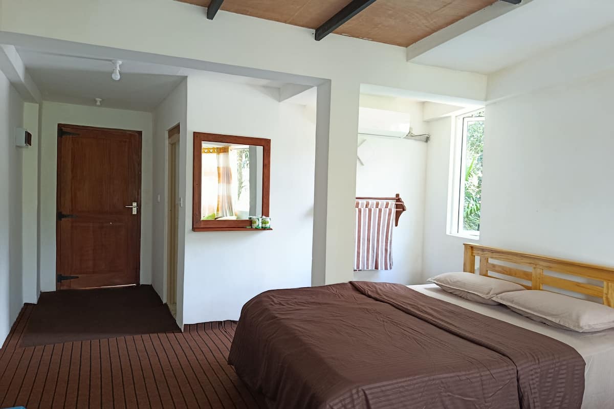 A bedroom with a wooden bed, a mirror, a window with a view, and a door.