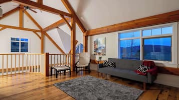 TV, fireplace, books, offices