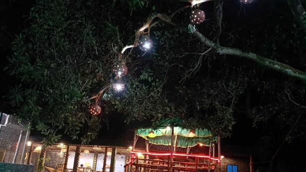 Uma área de estar externa com estrutura coberta, cercada por árvores e iluminada por luzes pendentes.