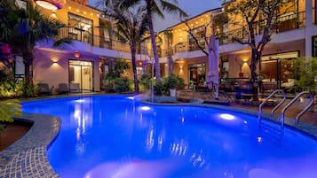 Outdoor pool, pool umbrellas, pool loungers