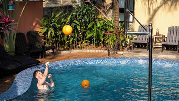 Outdoor pool, pool umbrellas, sun loungers