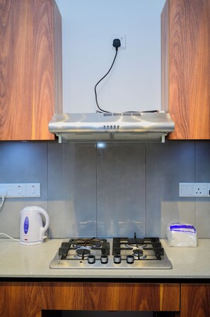 Een koelkast, een magnetron, een oven, een kookplaat