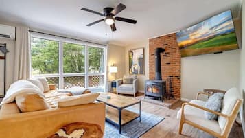 Televisión, chimenea, libros y oficina