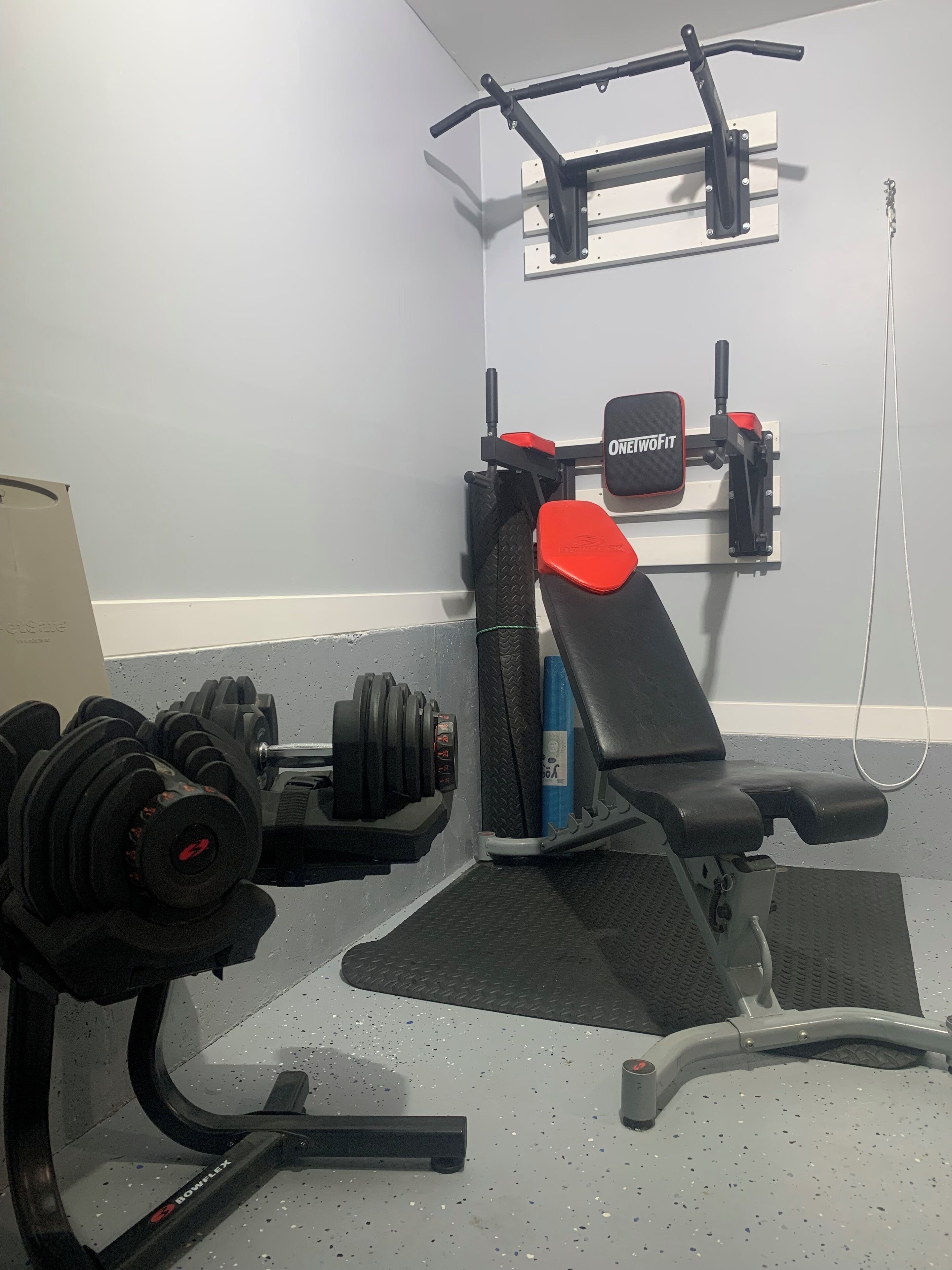 A gym with a bench press, dumbbells, and a pull-up bar.