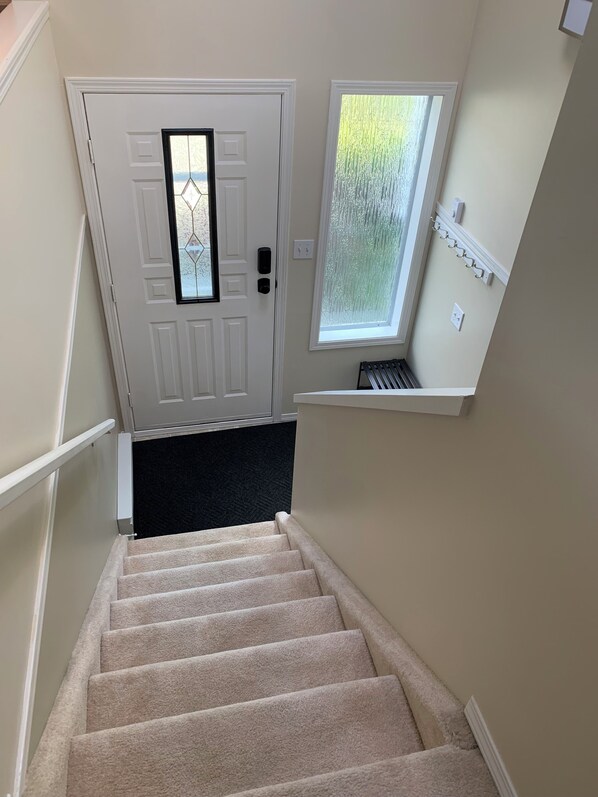 A carpeted staircase leading to a white door with a frosted glass window.