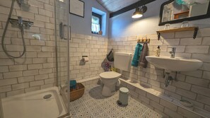 Shower, hair dryer, towels