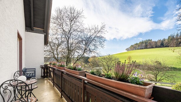 A balcony with a table and chairs, potted plants, and a view of a green field and trees. - Apartment 'Ferienwohnung Talblick' with Mountain View, Shared Terrace and Wi-Fi (Elzach)