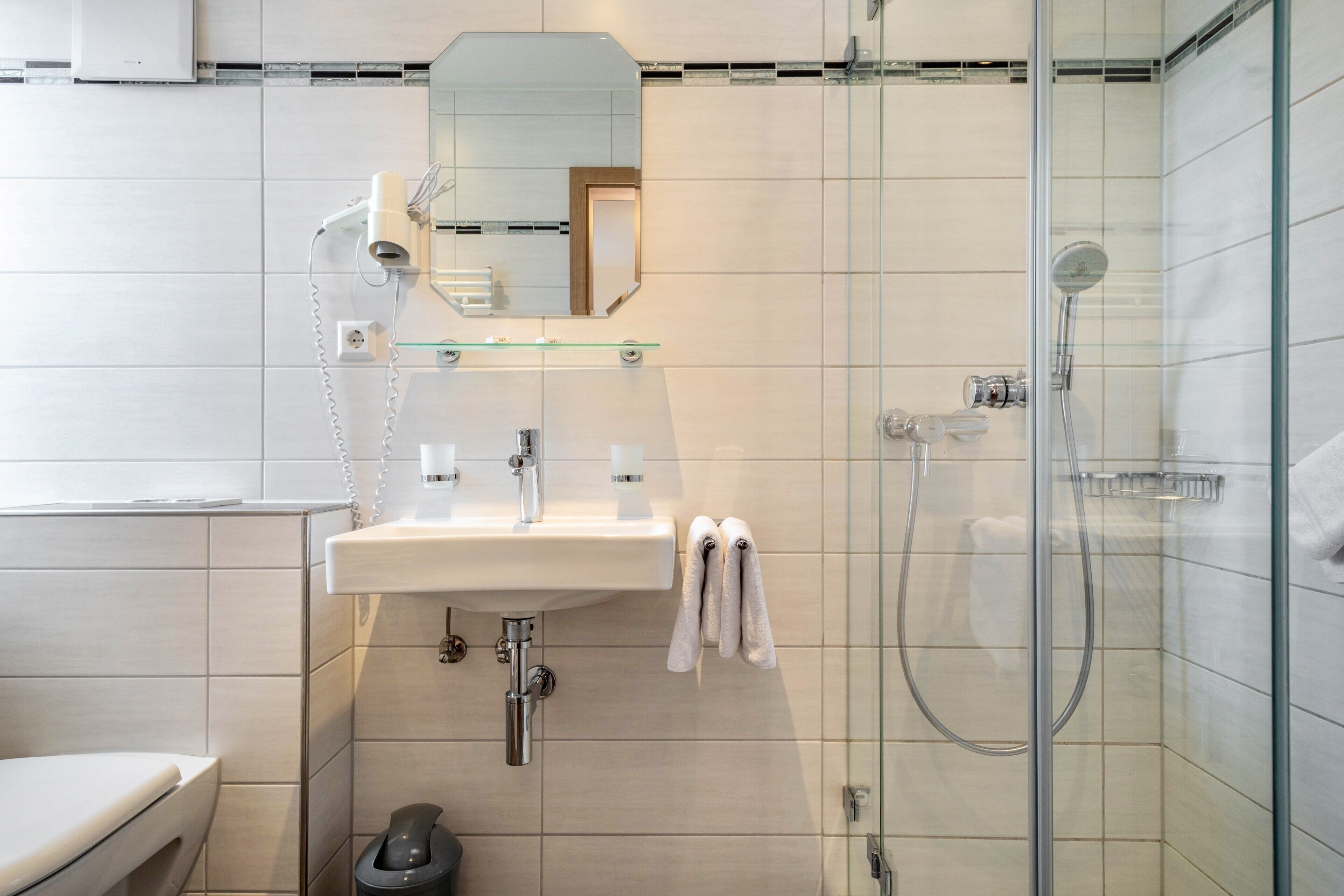 Shower, hair dryer, towels