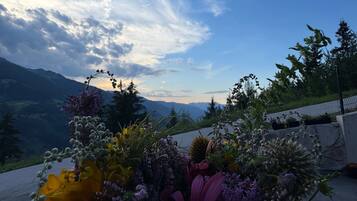 A flower arrangement on a balcony with a mountain view in the background.