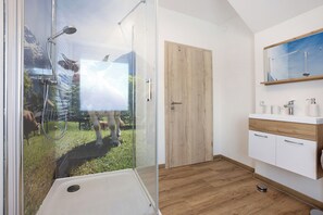 Shower, hair dryer, towels
