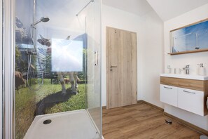 Shower, hair dryer, towels