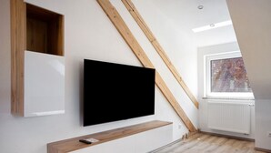 Een moderne kamer met een wandgemonteerde televisie, houten balken, een raam met uitzicht en een radiator.