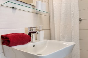 Shower, hair dryer, towels
