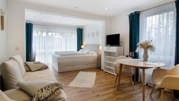 A modern living room with a sofa, a dining table, a TV, and a bed. - Studio Apartment 'No. 1' with Shared Garden and Wi-Fi (Bad Dürrheim)