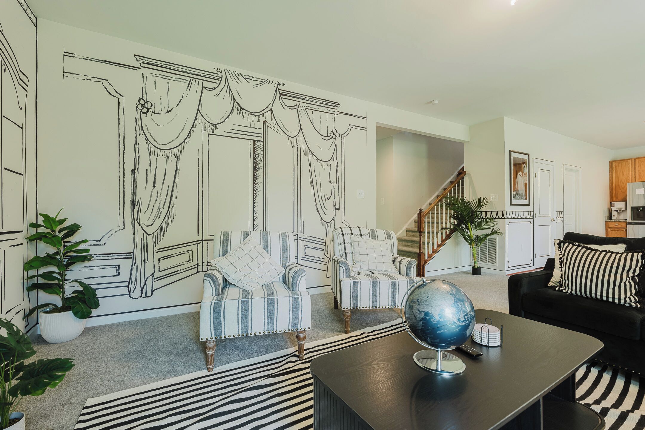 Smart TV, fireplace, table football, books