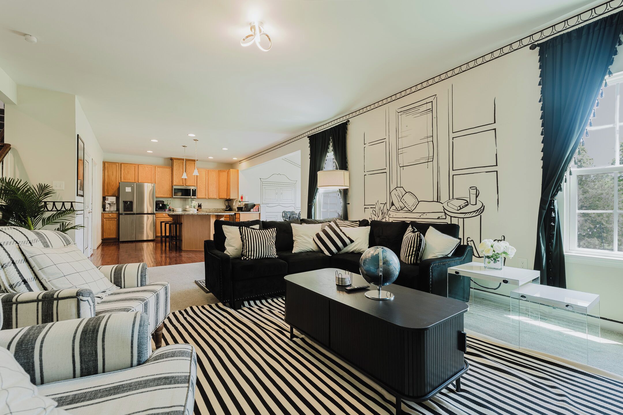 Smart TV, fireplace, foosball, books