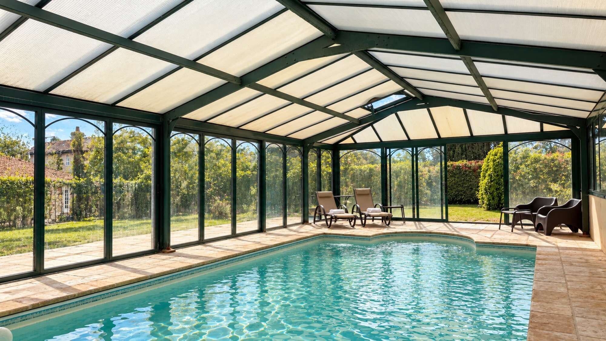 Ein überdachter Pool mit Glasveranda, eine Terrasse mit Stühlen und Blick auf Garten und Haus.