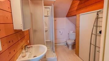 A compact bathroom with a sink, toilet, and shower.