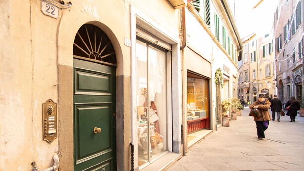 A narrow street with a green door and a shop window. - La Casa di Riccardo Cosy in Center Town (Lucca)