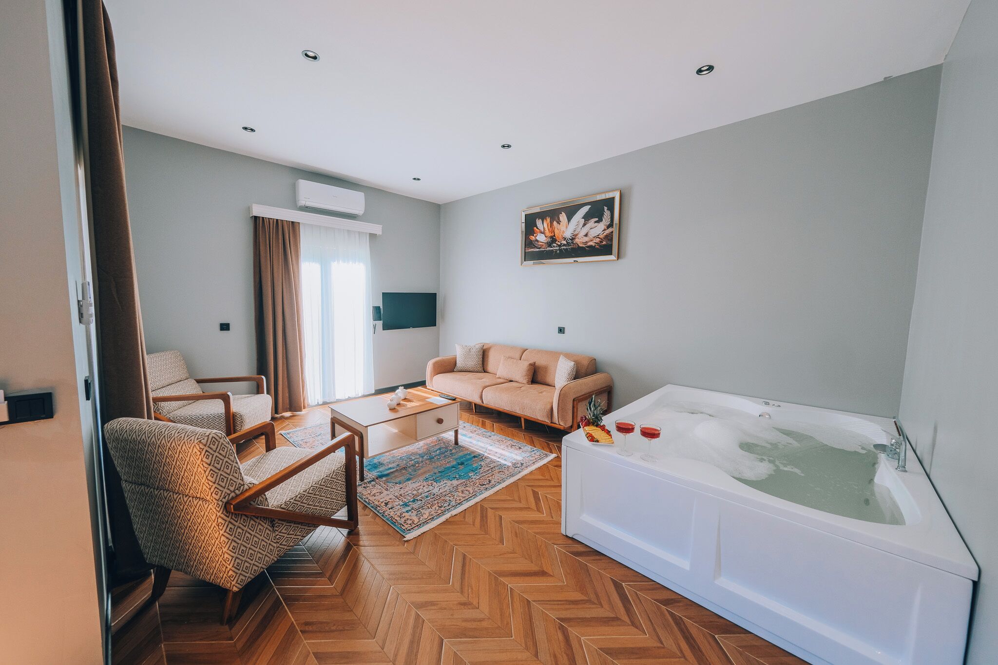 Standard Villa, Private Pool, Garden View | Living area | 42-inch Smart TV with satellite channels, heated floors