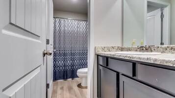 Hair dryer, towels, soap, toilet paper