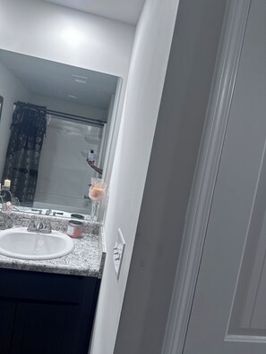 Hair dryer, towels, soap, toilet paper