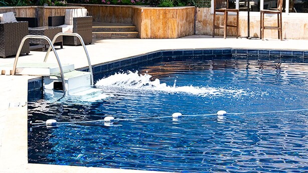 Una piscina con escalera metálica, rodeada de mobiliario de exterior y plantas.
