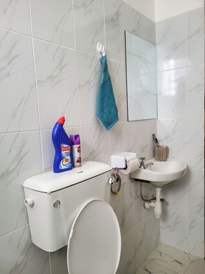 Douche, serviettes fournies, savon, papier toilette