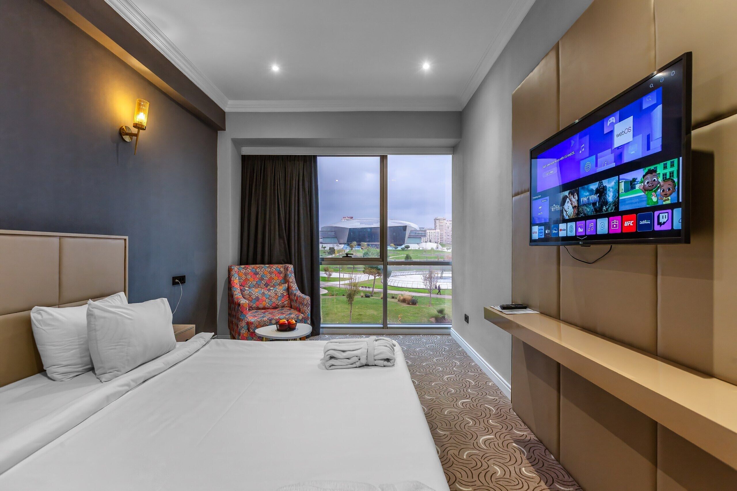 A hotel room with a large bed, a TV mounted on the wall, a window with a view of a building and greenery, and a patterned carpet.