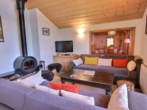 Ein gemütliches Wohnzimmer mit Kamin, einer Couch, einem Couchtisch und einem Fernseher.