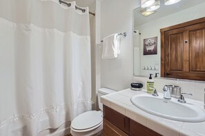 Shower, hair dryer, towels, shampoo