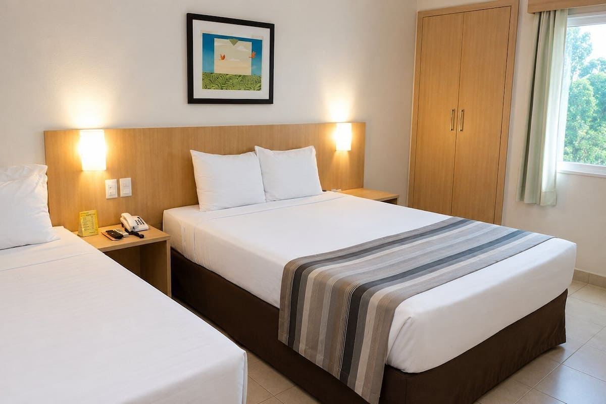 Ein Hotelzimmer mit zwei Betten, einem Holzkopfstück, einem Nachttisch mit Telefon und einem gerahmten Bild an der Wand.