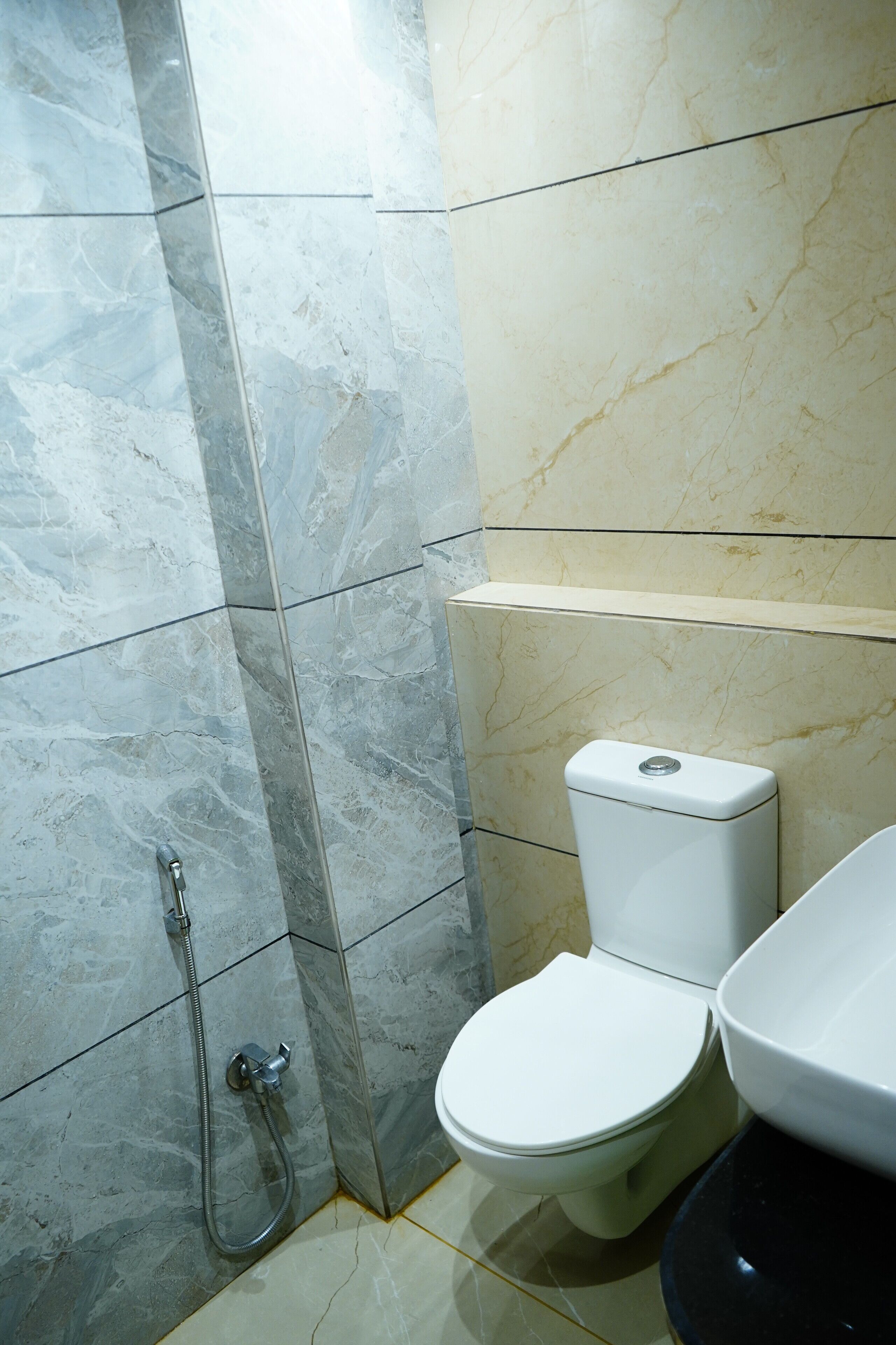 A bathroom with a toilet, a shower, and a sink.