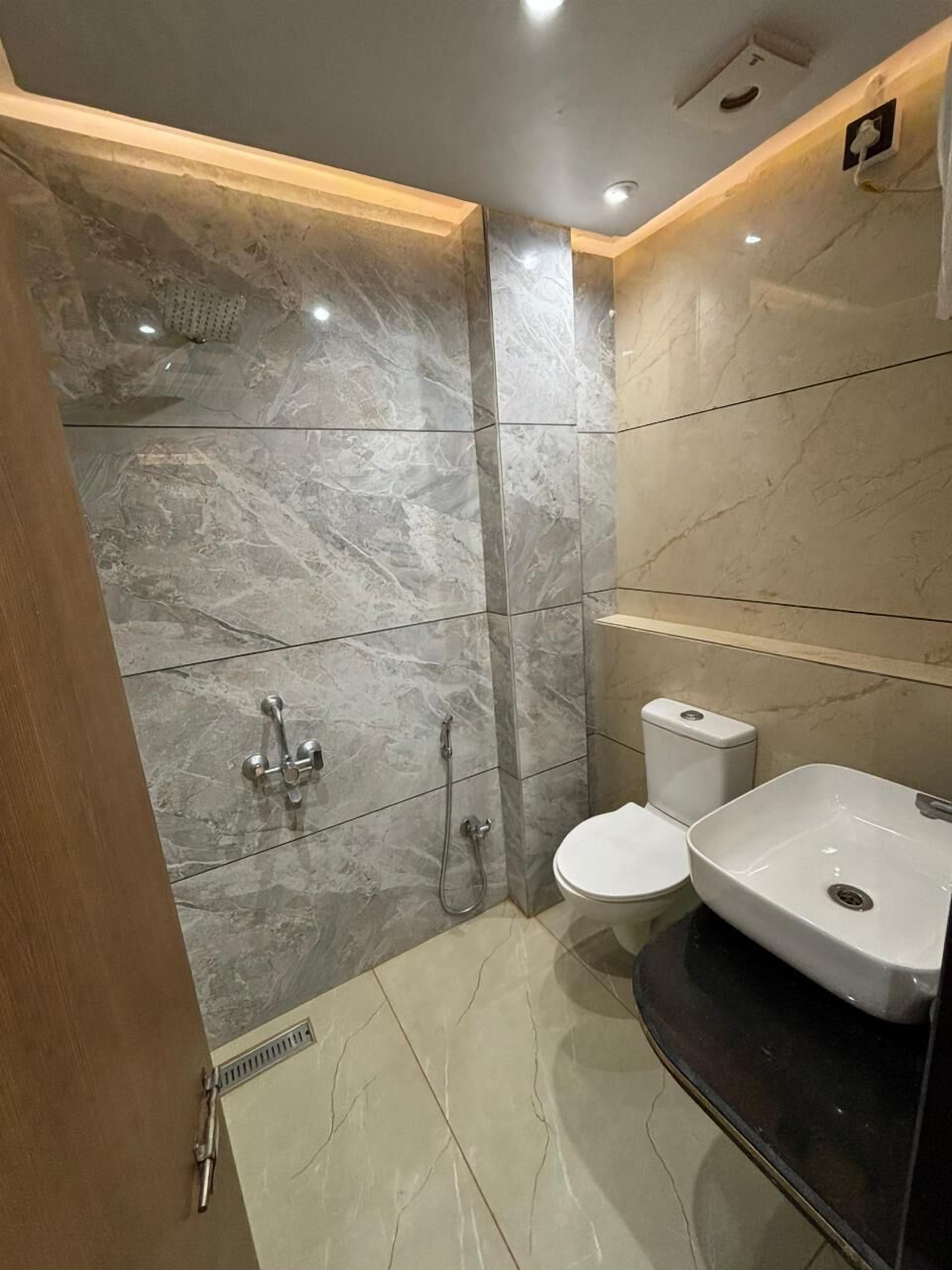 Shower, slippers, towels